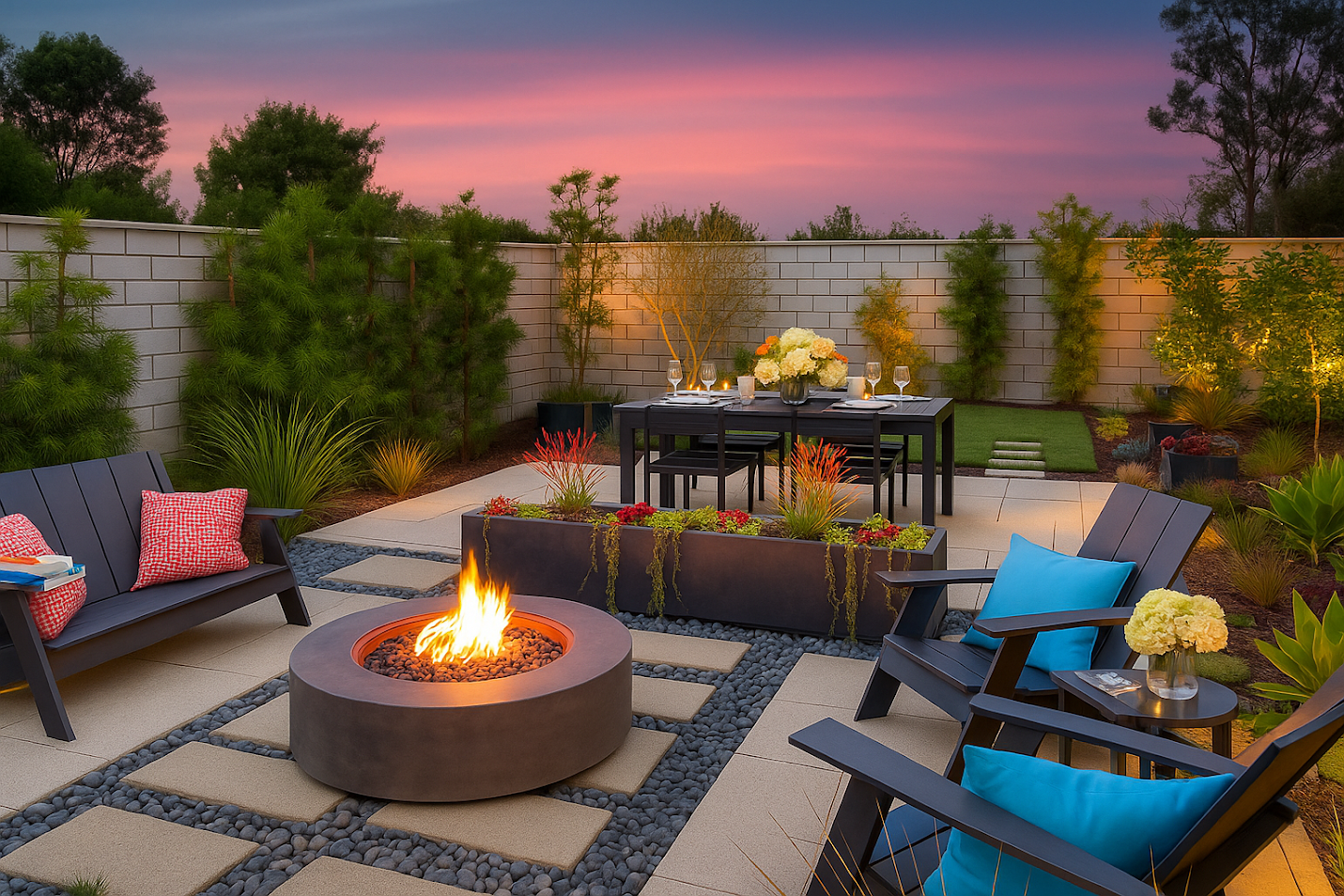 Lobby view with a fireplace, rattan chairs and lush greenery